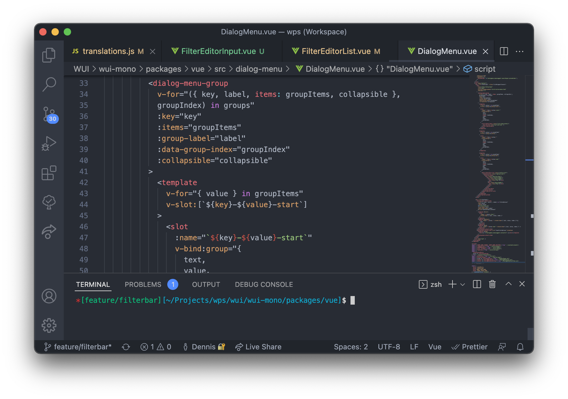 VSCode editor with a Vue.js file 'DialogMenu.vue' open